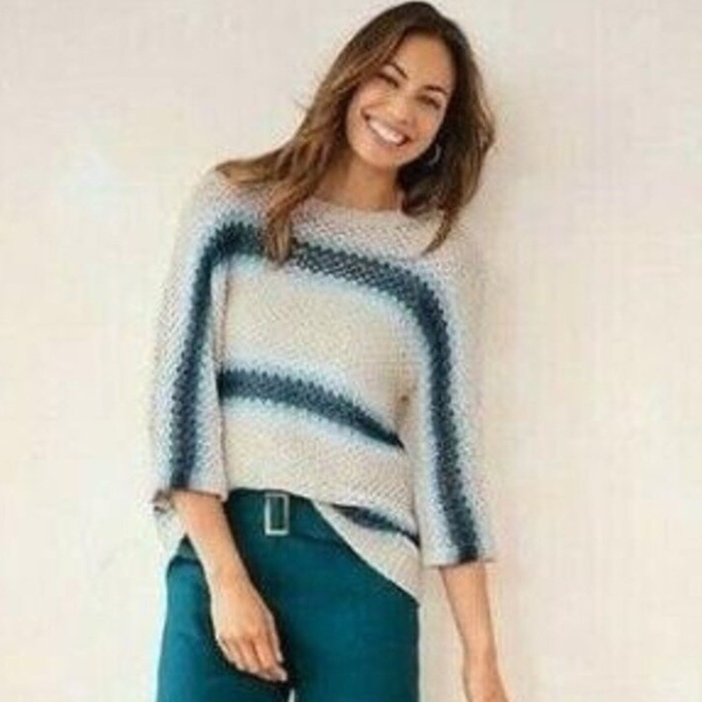 J. Jill Open Stitch Knit Ombré Cotton and Linen Blend Stripe Sweater L